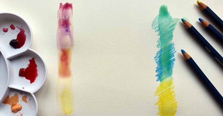 A palette on the left hand side and a set of watercolor pencils on the right