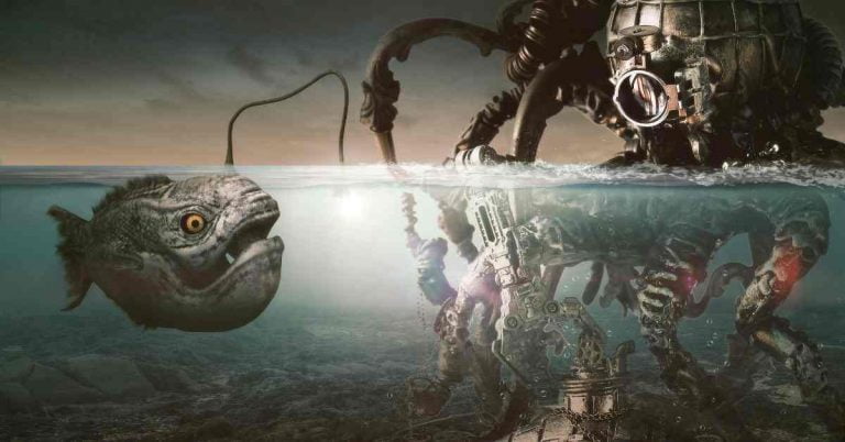 Steampunk Art Fish in Ocean with a Robotic machine