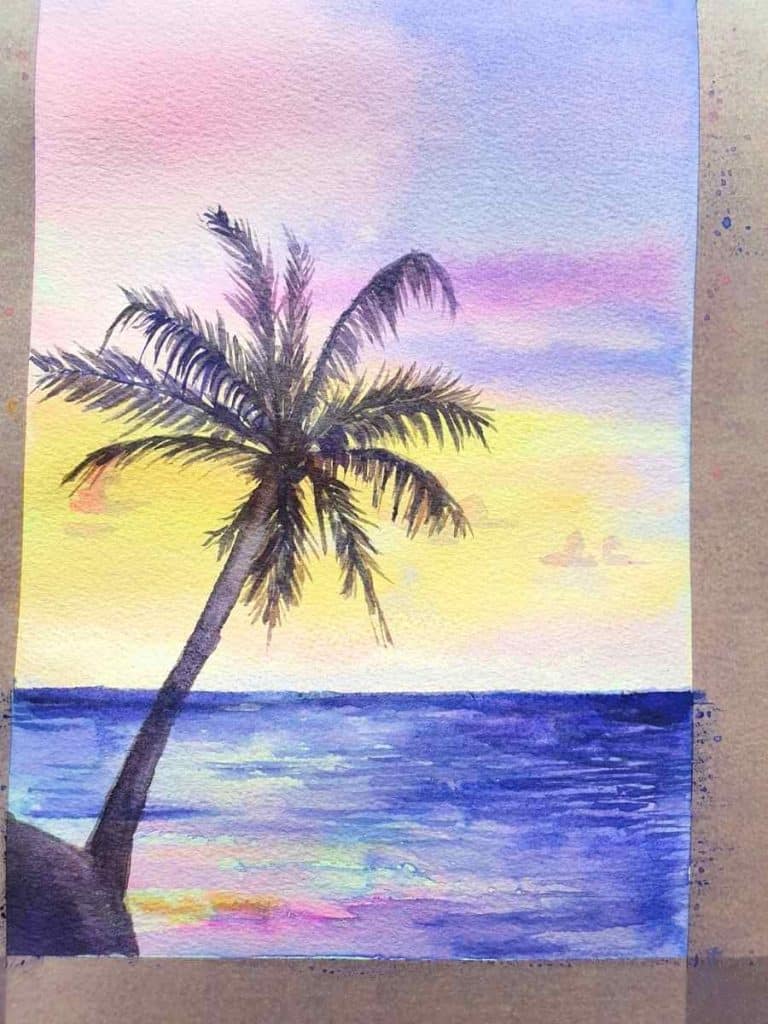 watercolor sunset palm tree silhouette