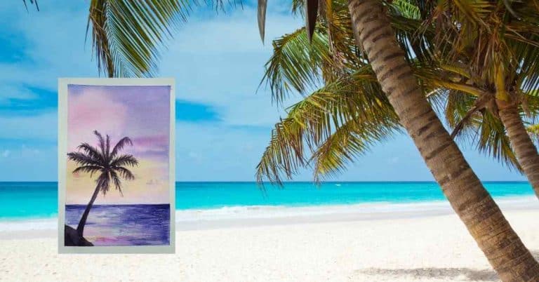 palm trees on a beach and a painting of watercolor palm trees in purples