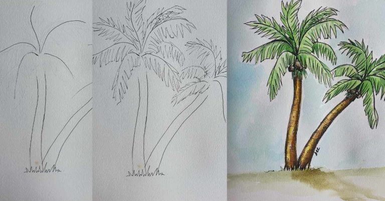 3 Palm Trees showing the process of How to Draw a Palm Tree
