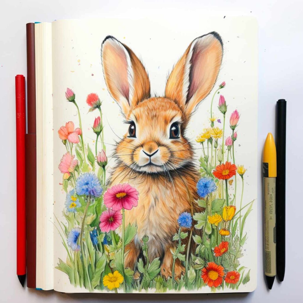 Spring Drawing Ideas A Bunny in Wildflowers