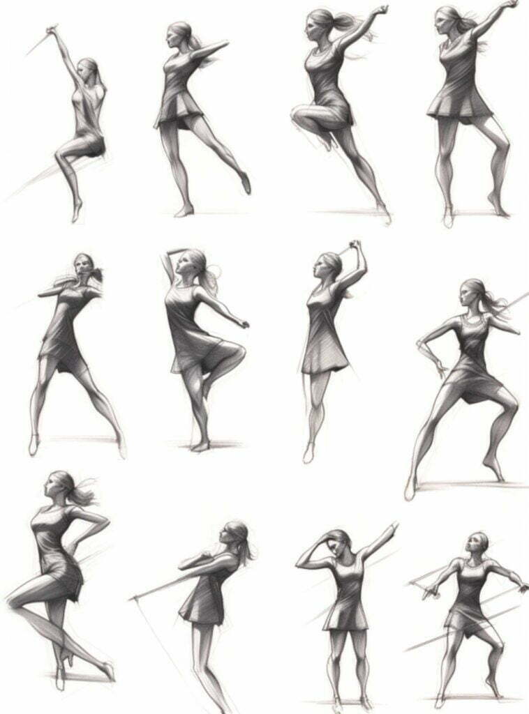 prompthunt: posing reference sheet, digital sketch, many poses, gesture  drawing, little detail, study,