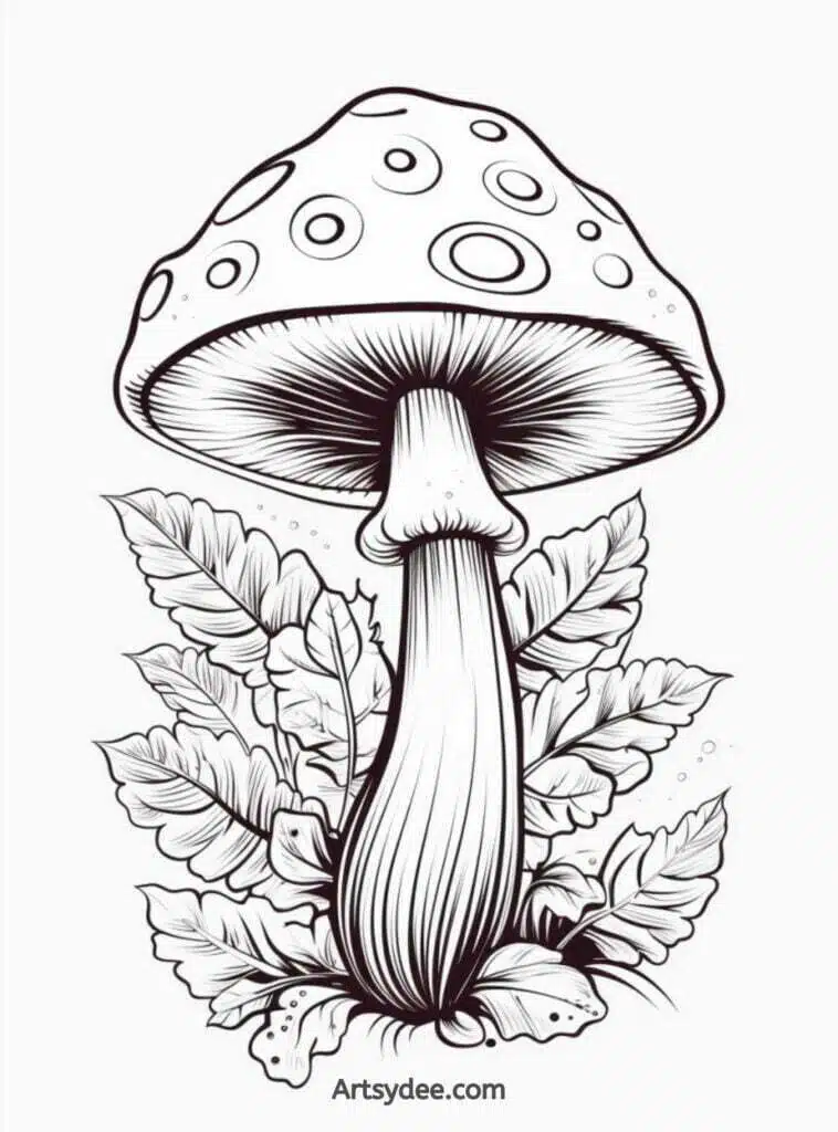 Mushroom Drawing With Leaves
