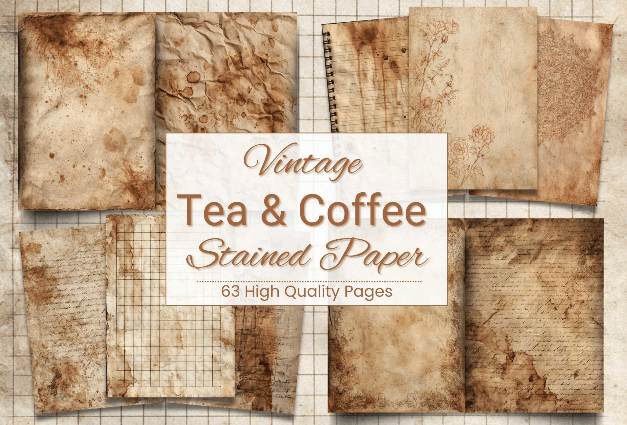 63 Vintage Tea & Coffee Stained Paper Printables - Textures, Journaling, & Background Pages - Payhip