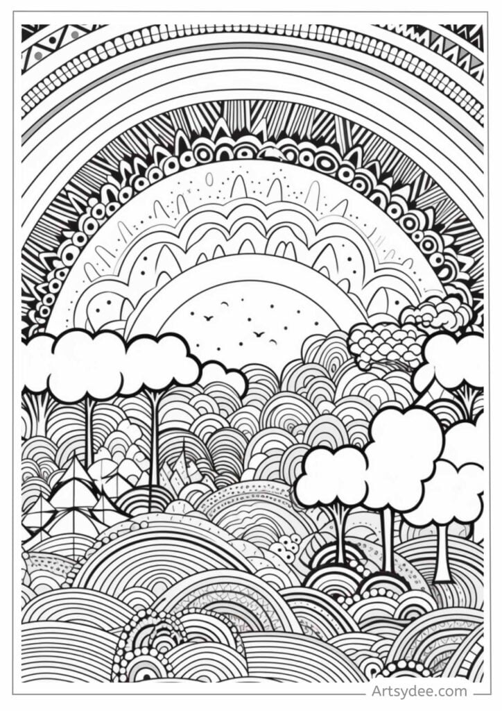 rainbow landscape zentangle coloring page for kids