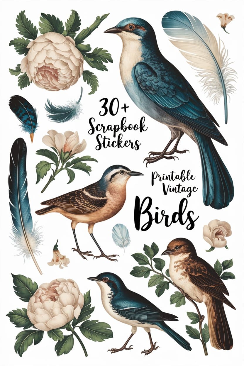 Vintage Bird Ephemera Sticker Collection: Printable Scrapbook Stickers ...