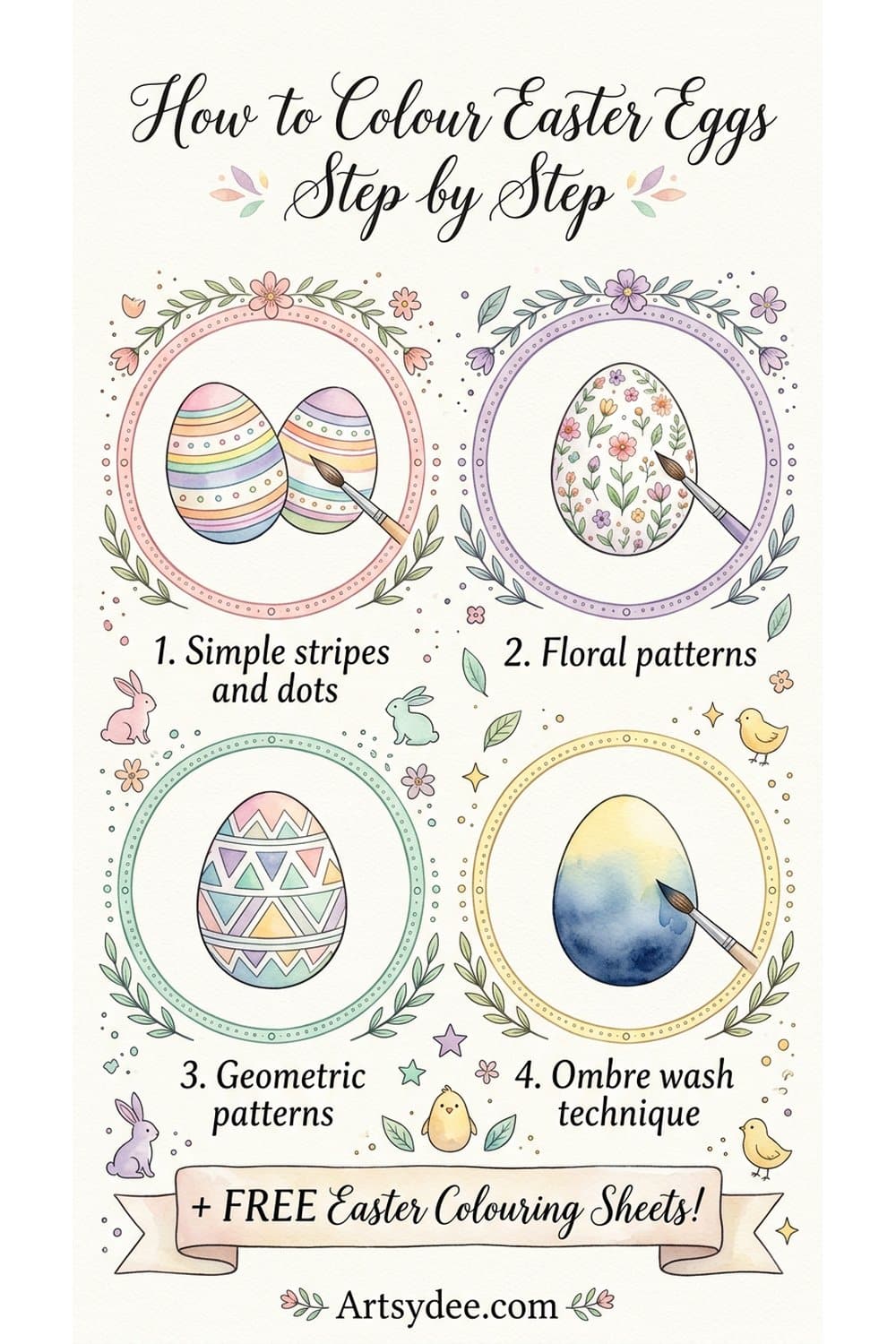 How to colour Easter eggs step by step - free printable tutorial card