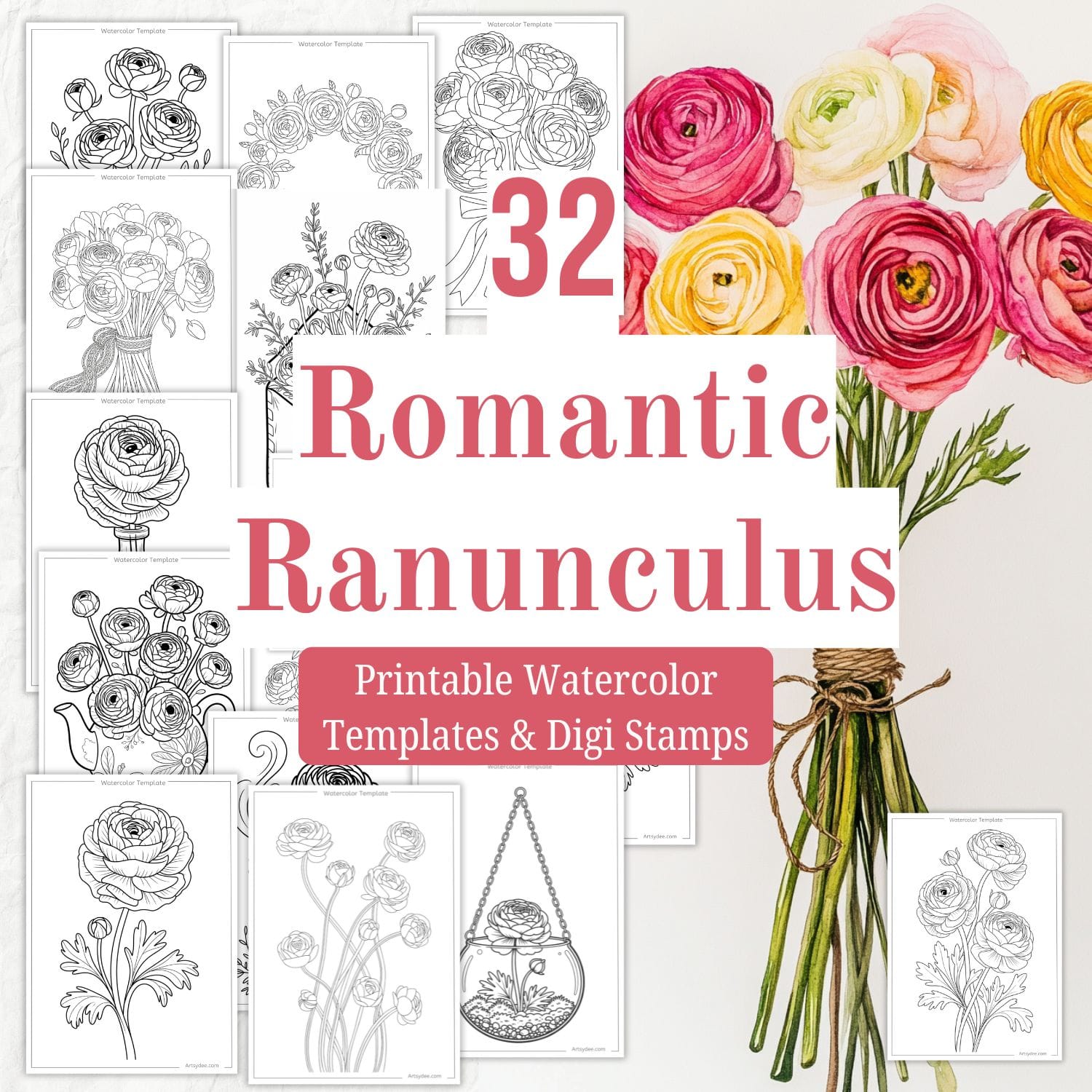 romantic ranunculus watercolor templates