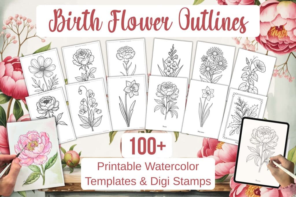 Birth Flowers Watercolor Templates & digital stamps Artsydee