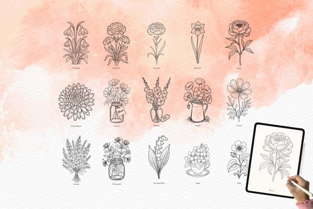 Birth Flowers Watercolor Templates & digital stamps Artsydee