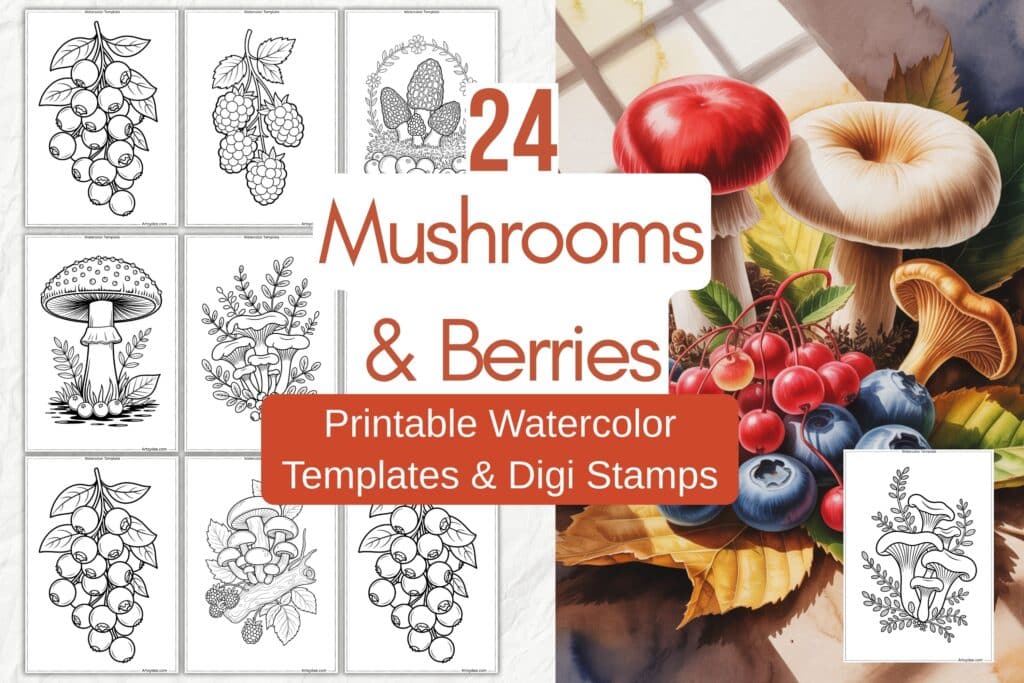mushrooms and berries watercolor templates