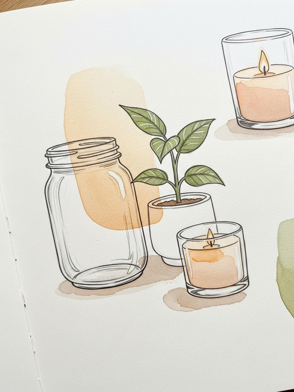 Simple pencil sketches of everyday objects in an art journal