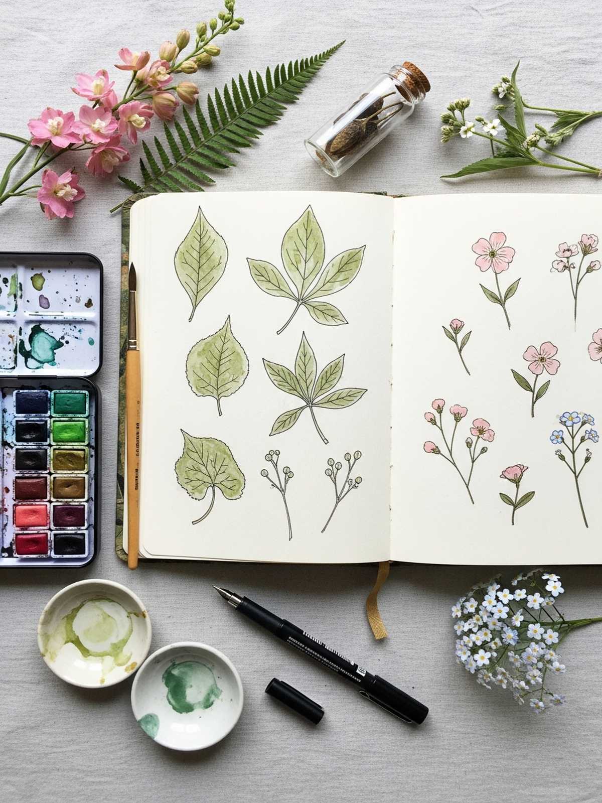 Botanical drawing prompts with leaves and flowers in an art journal