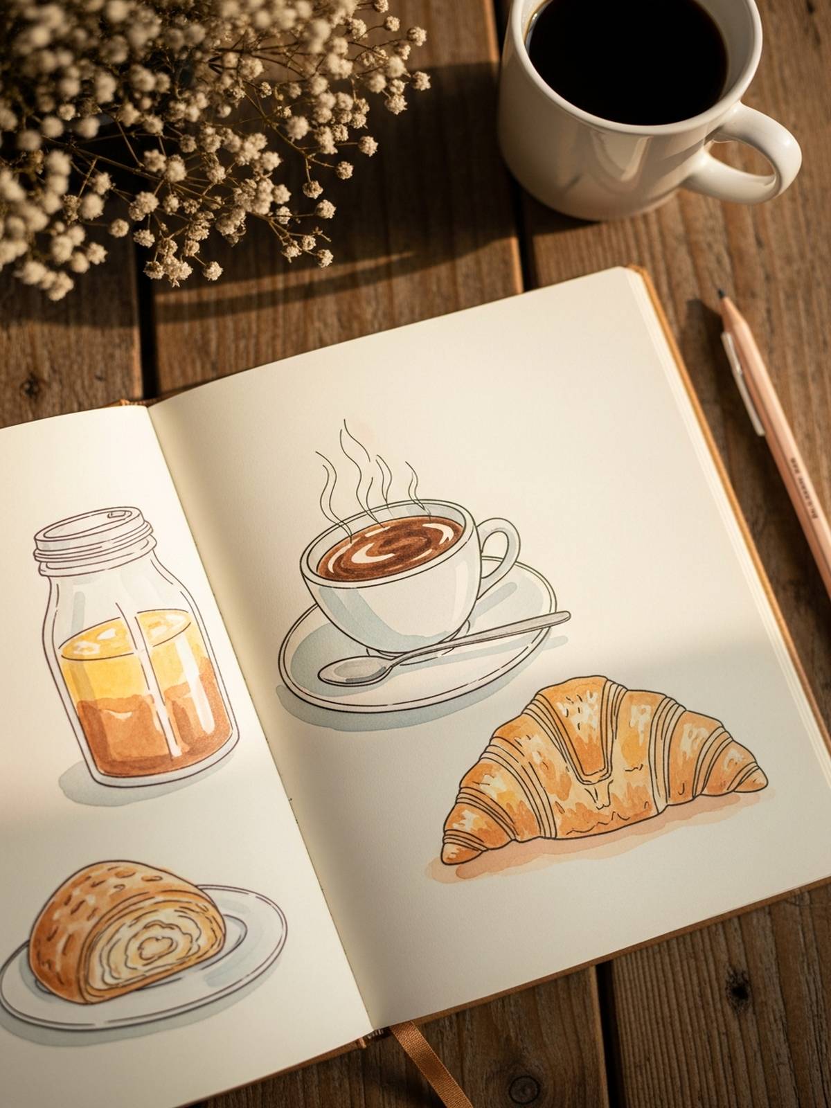 Food and kitchen drawing prompts in an art journal