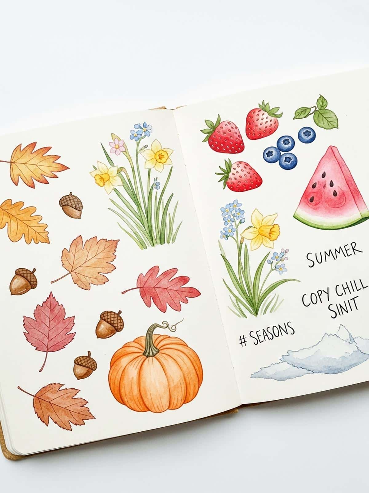 Seasonal drawing prompts showing all four seasons