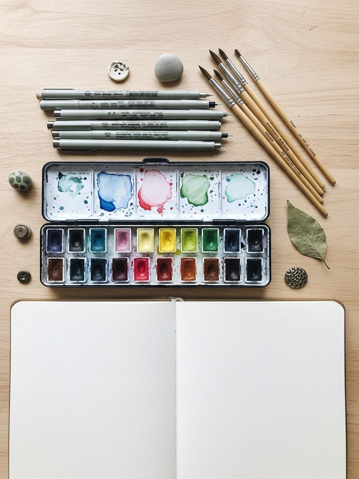 Art journaling supplies flat lay