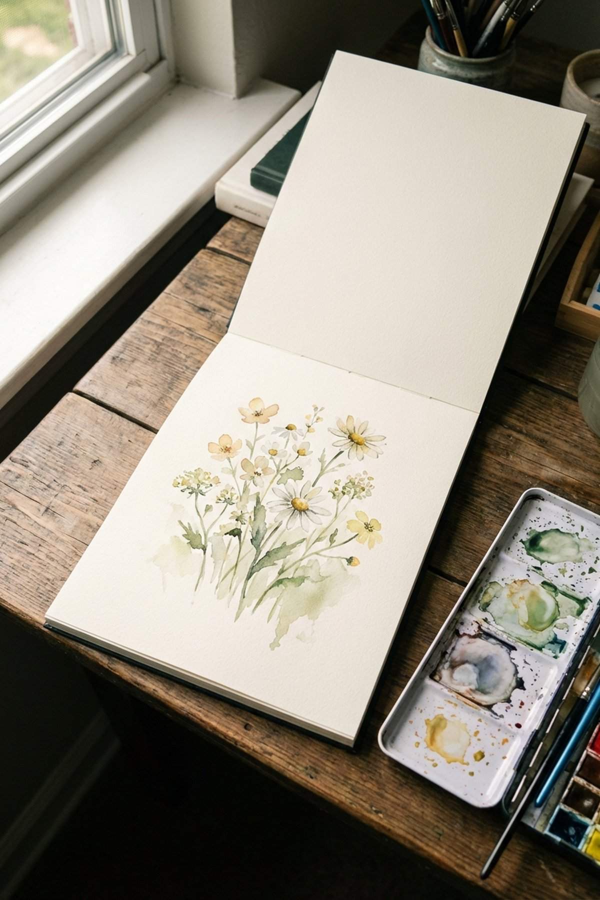 watercolor sketchbook with loose wildflower painting in soft yellow and green