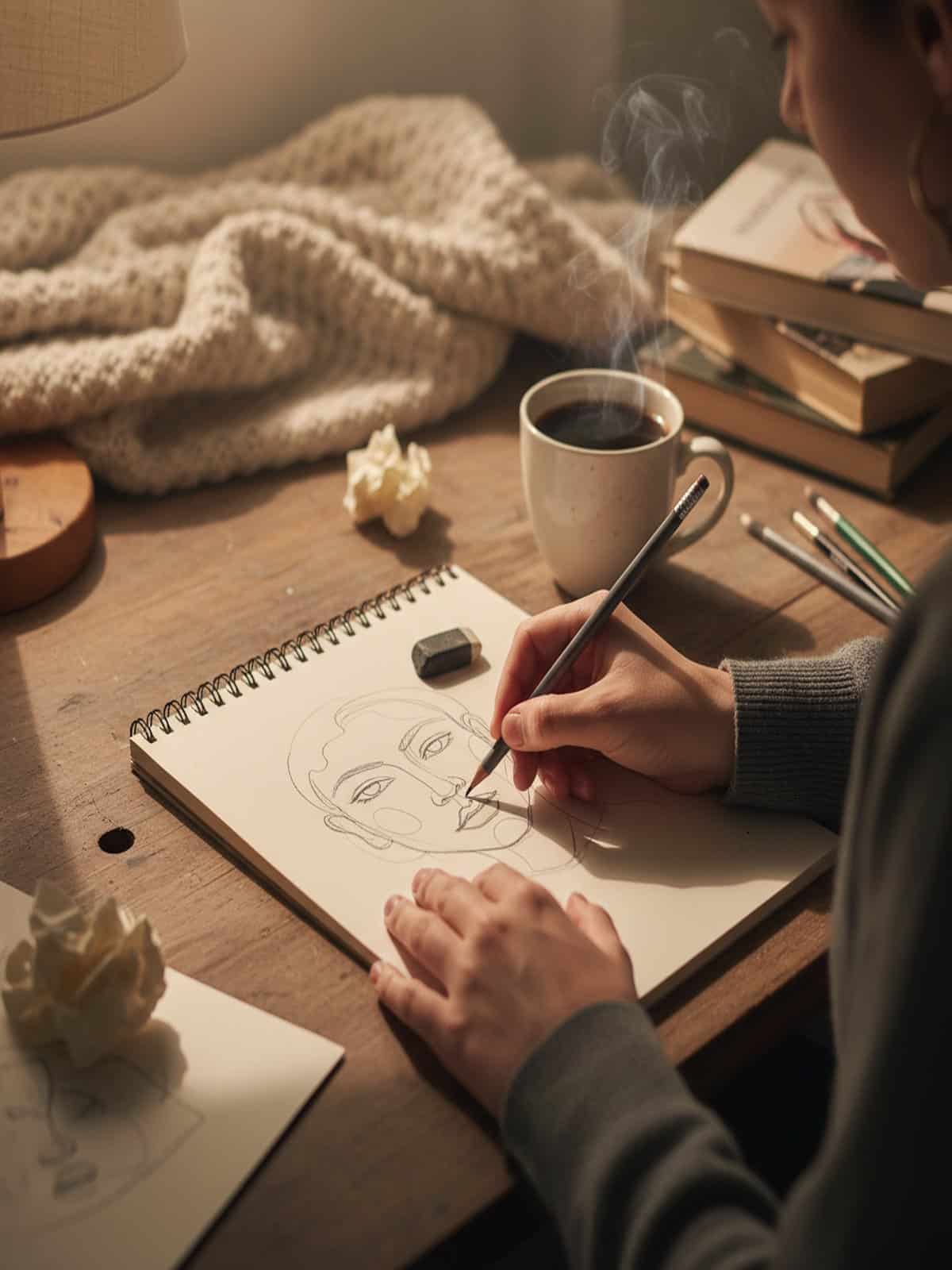 Hands drawing simple quick sketches in a sketchbook - 10 minute drawing practice