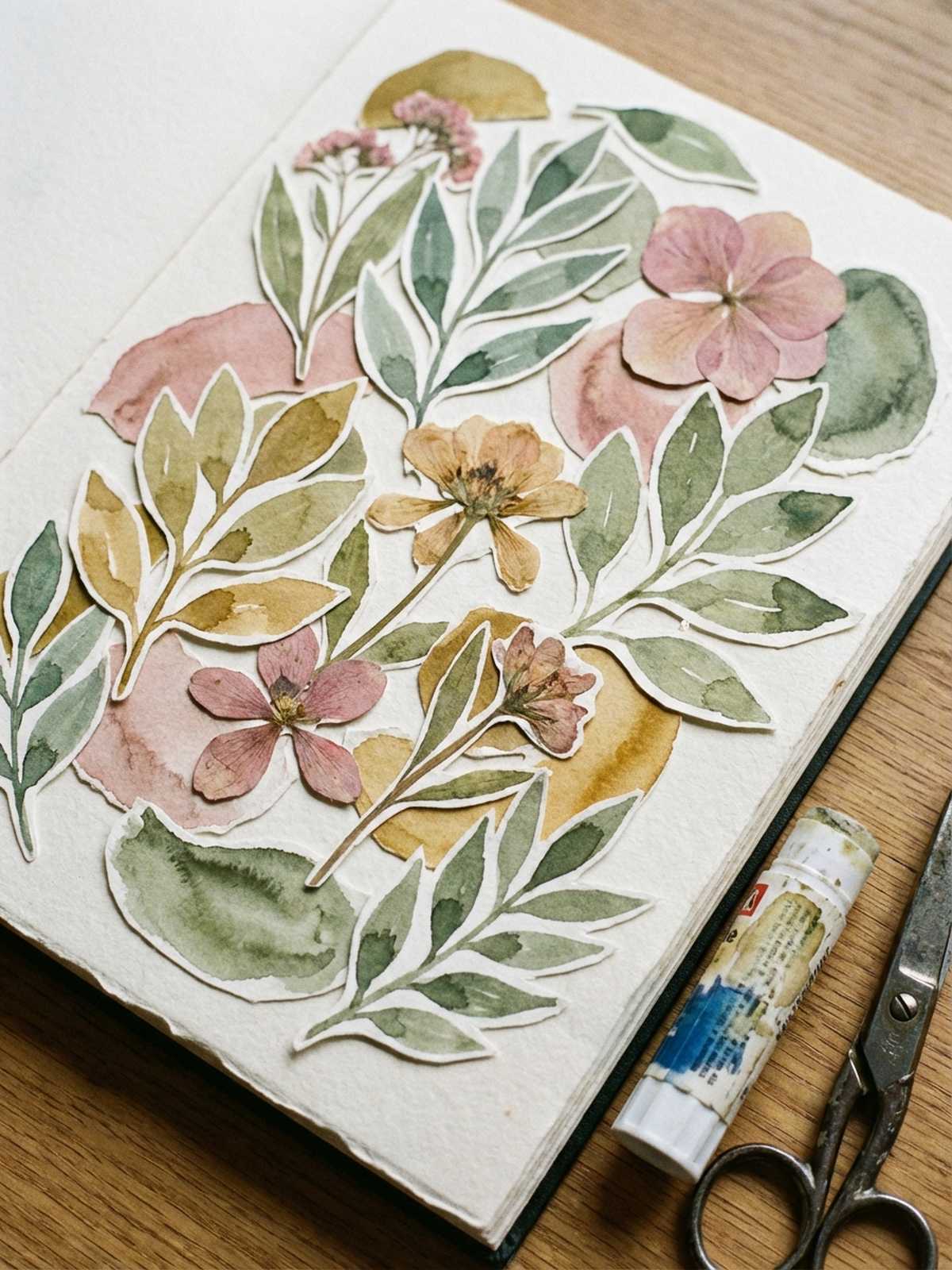 Sketchbook page with botanical watercolor cutouts including leaves and flowers
