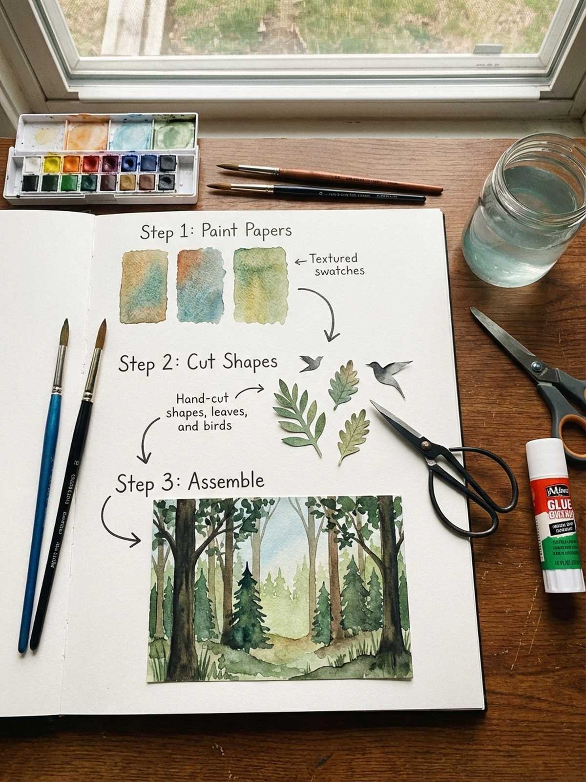 Art journal landscape collage made from layered watercolor paper cutouts