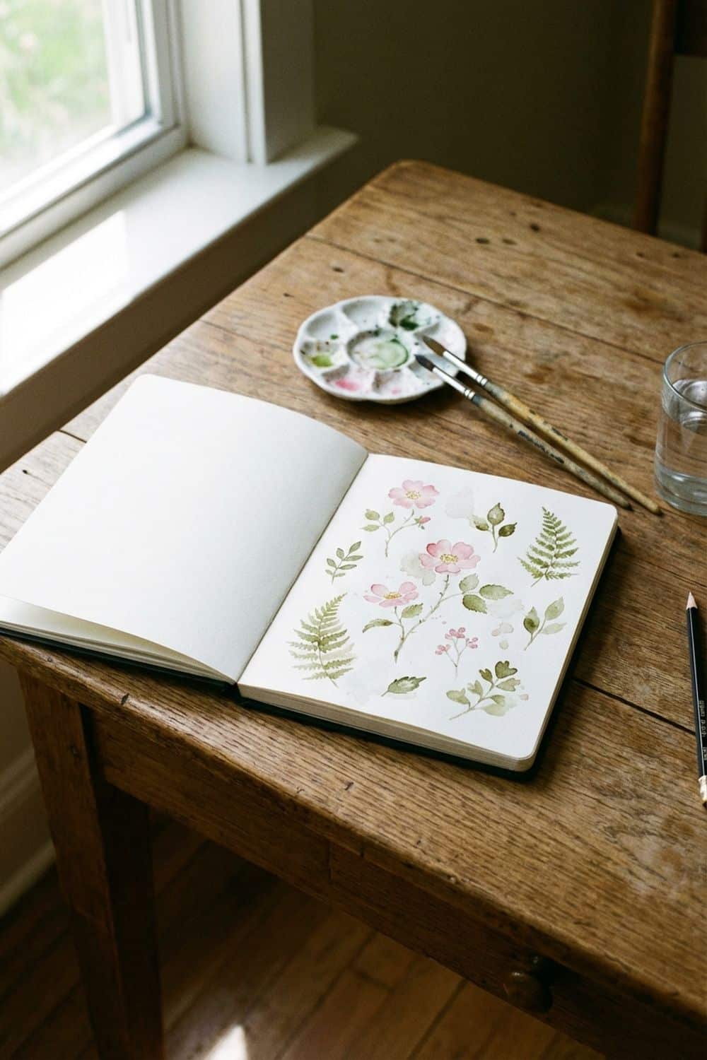 Open sketchbook with tiny watercolor floral paintings