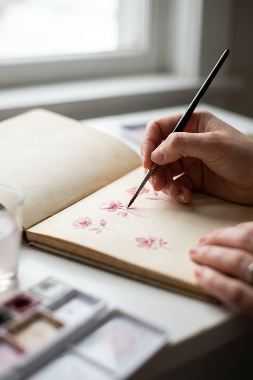 Hand painting tiny watercolor roses in a sketchbook