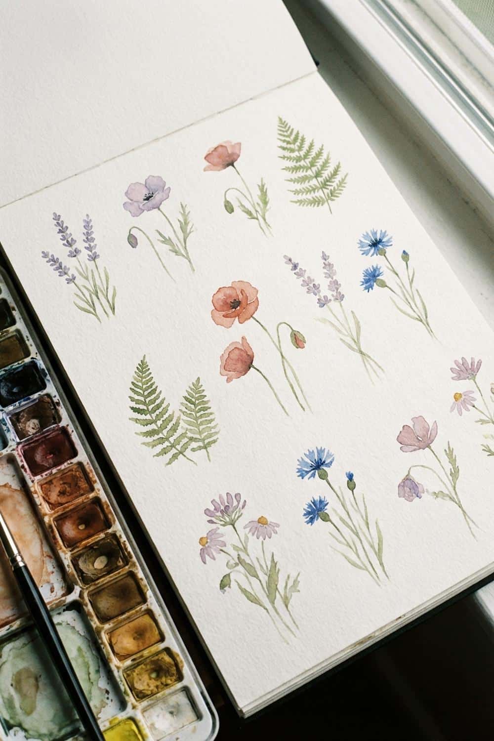 Sketchbook page with small watercolor wildflower studies