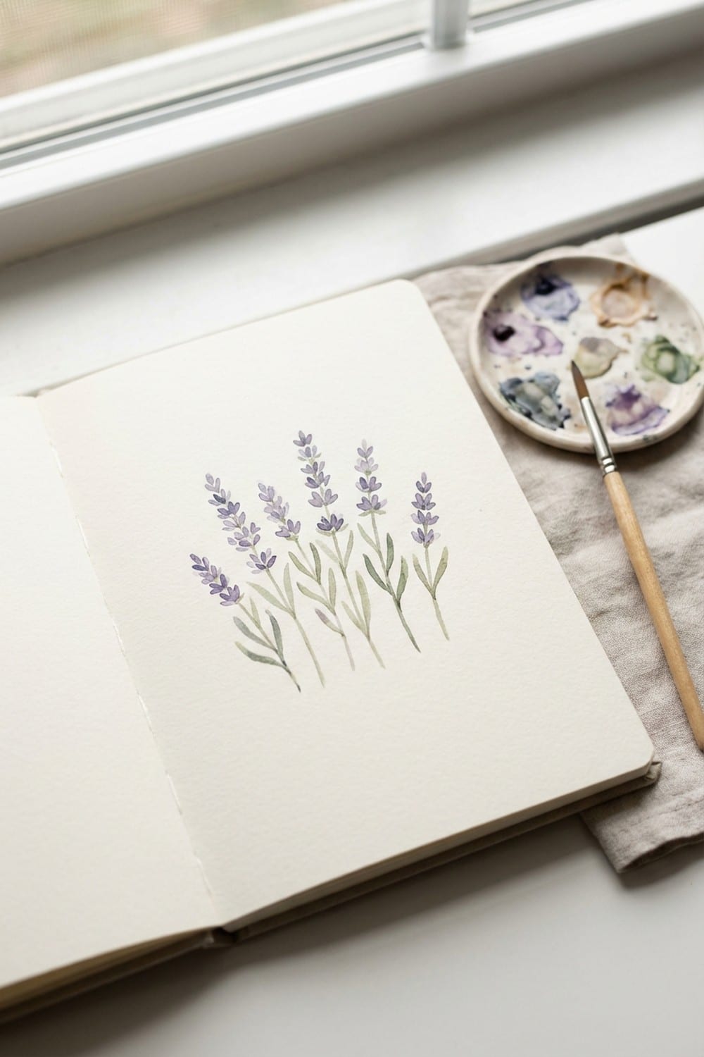 Tiny watercolor lavender sprigs in a sketchbook