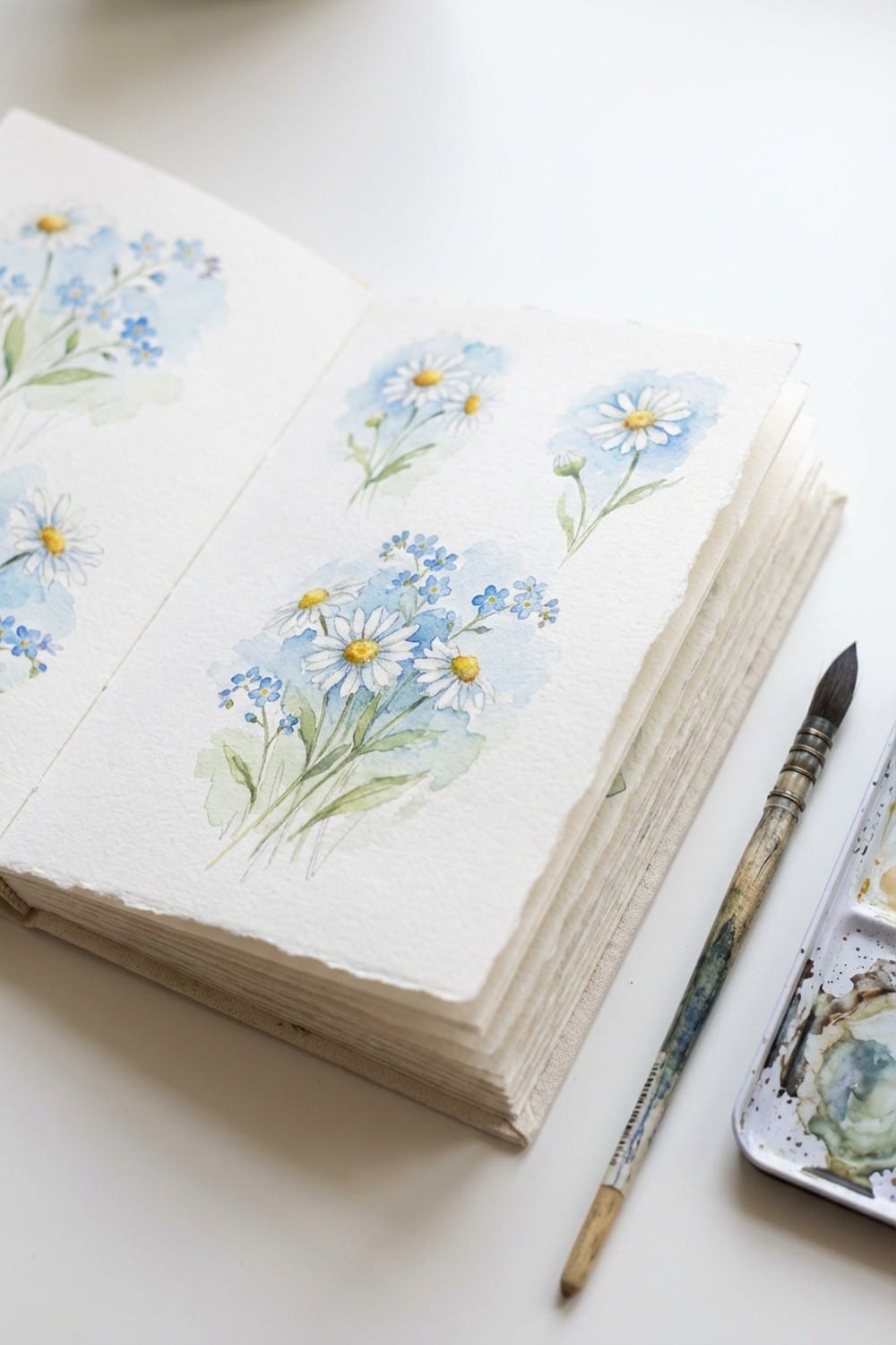 Small botanical flower studies in a sketchbook