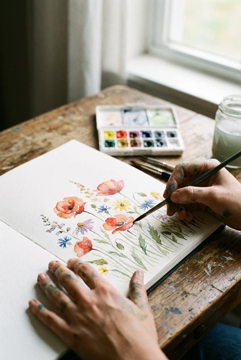 Artist completing a one-page watercolor project with brush and paints