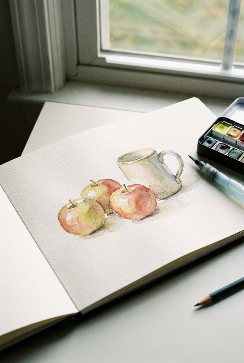 One-page watercolor landscape scene completed in 15 minutes