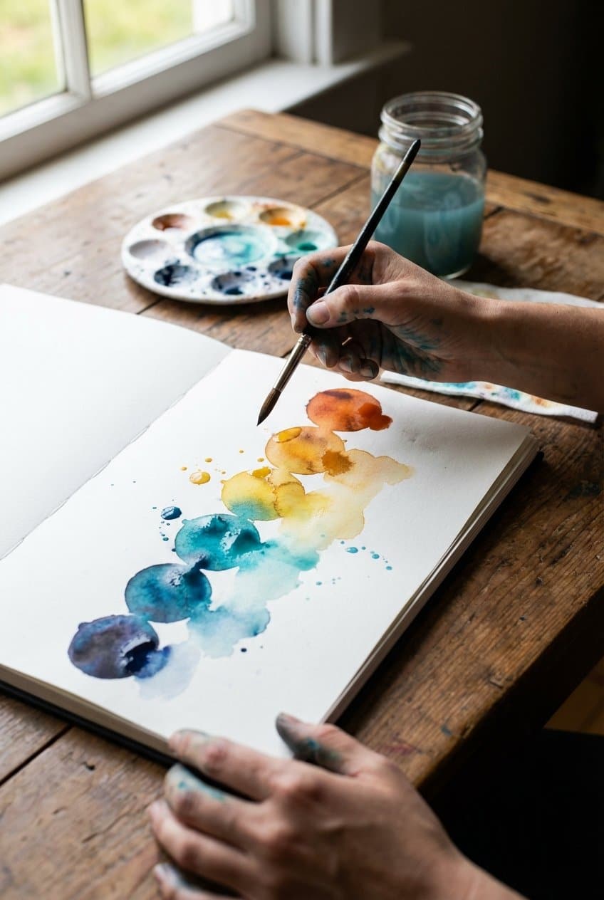 Watercolor sketchbook with simple geometric shapes practice