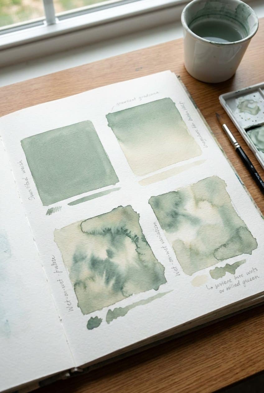 Watercolor squares showing different wash techniques