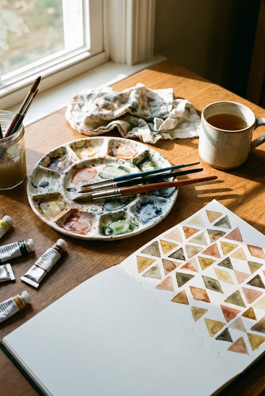 Watercolor palette and brushes with triangle practice page