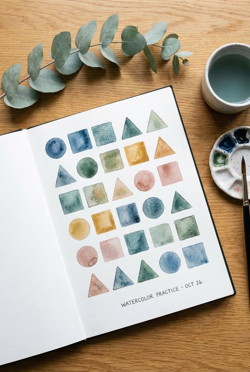 Finished watercolor practice page with grid of shapes