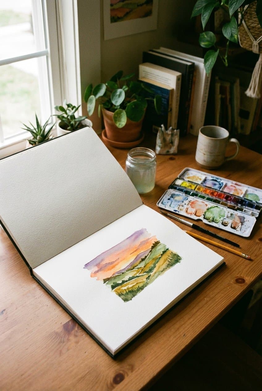 Mini watercolor landscape in sketchbook with rolling hills