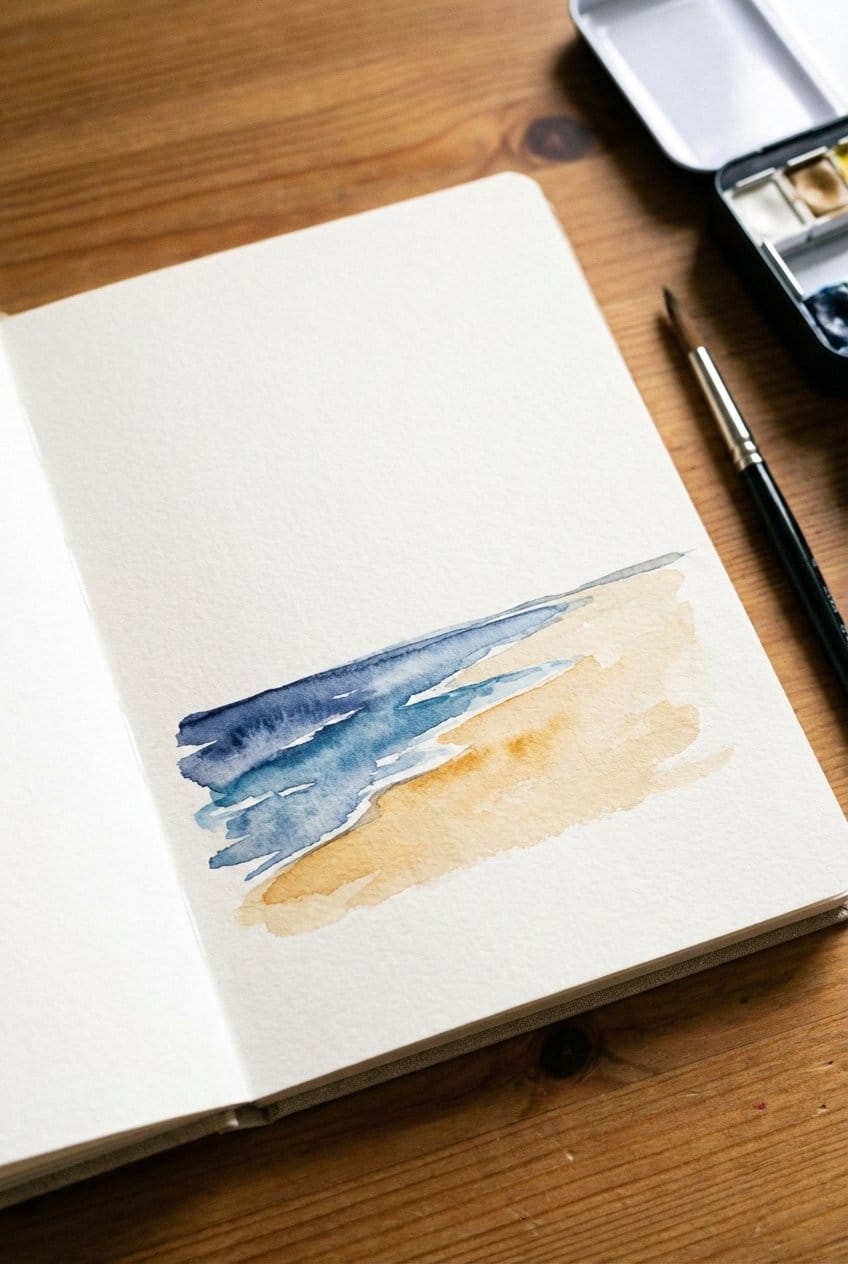 Watercolor beach scene in sketchbook