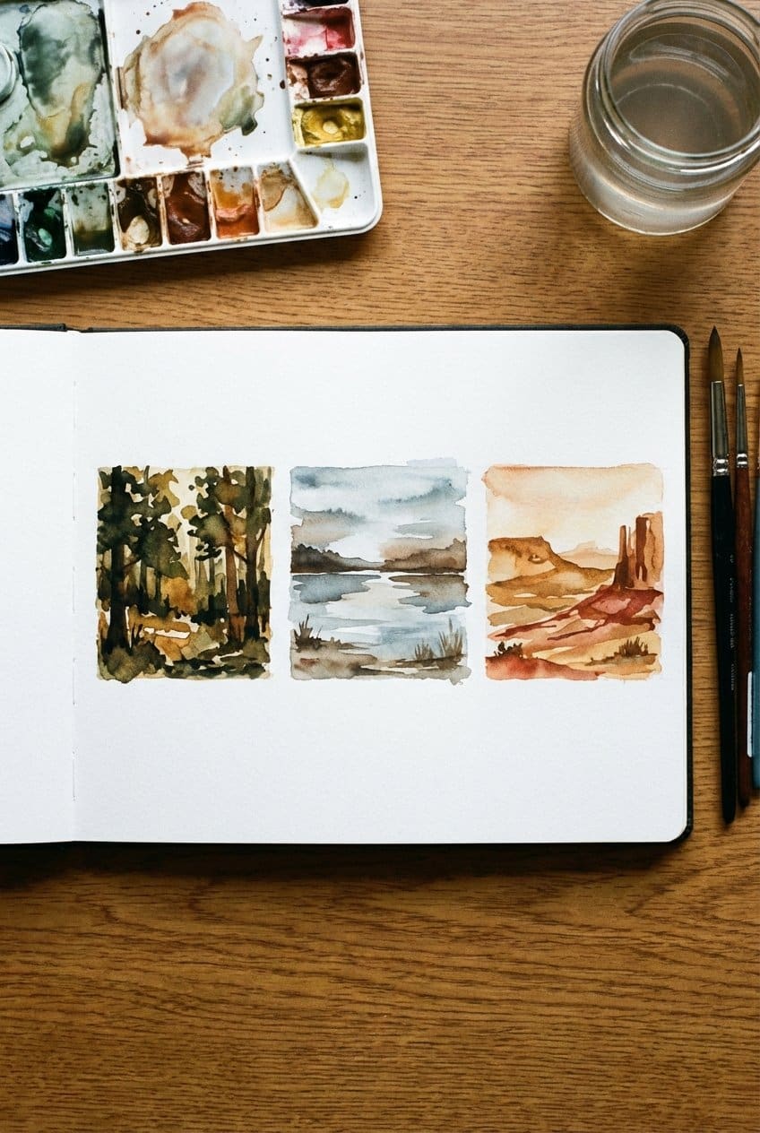 Three mini landscape studies in sketchbook