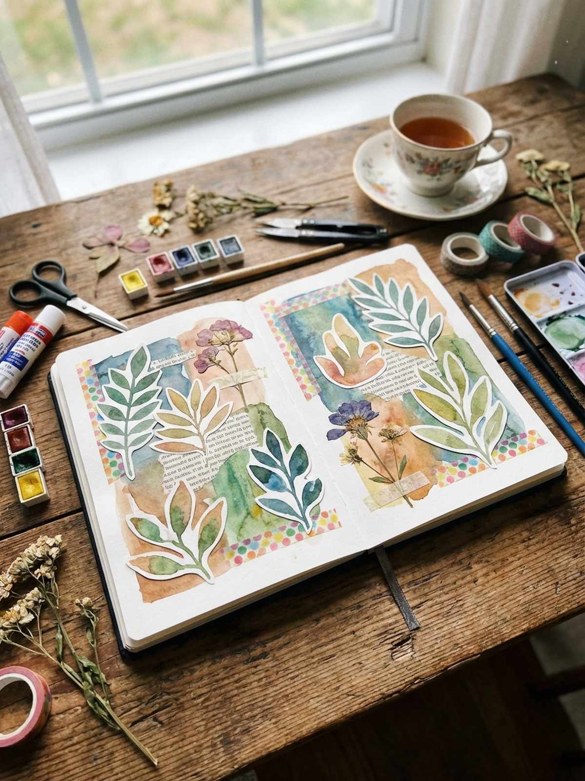 Open sketchbook with watercolor and collage mixed media artwork and art supplies