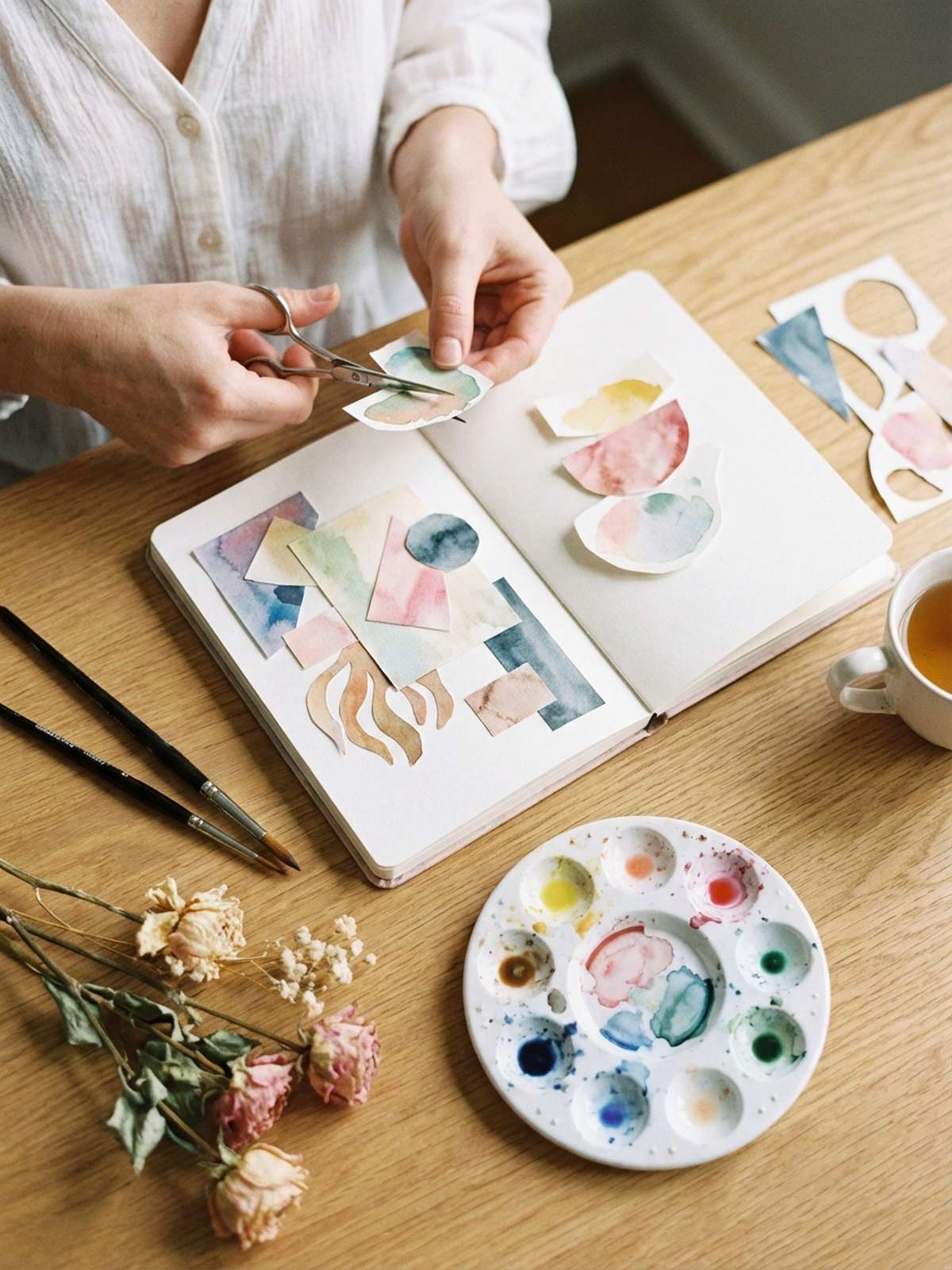 Hands cutting watercolor painted shapes with scissors for collage art