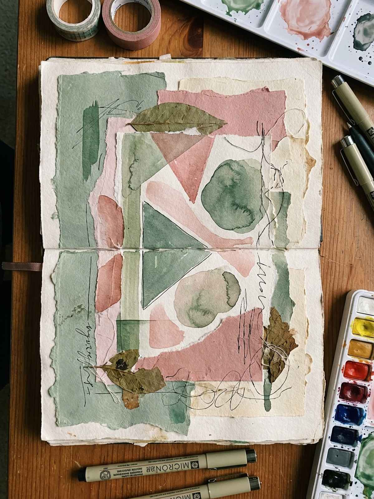 Abstract watercolor collage art journal spread with geometric shapes in sage green and dusty pink