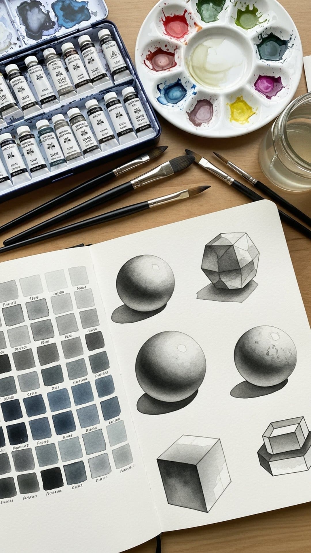 One-color watercolor sketchbook ideas with monochromatic swatches and value studies