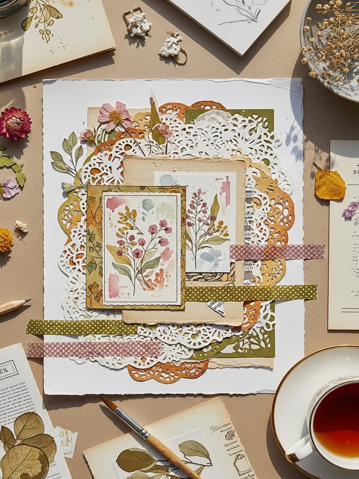 Flatlay of vintage paper craft with watercolor botanical ephemera pieces for junk journaling