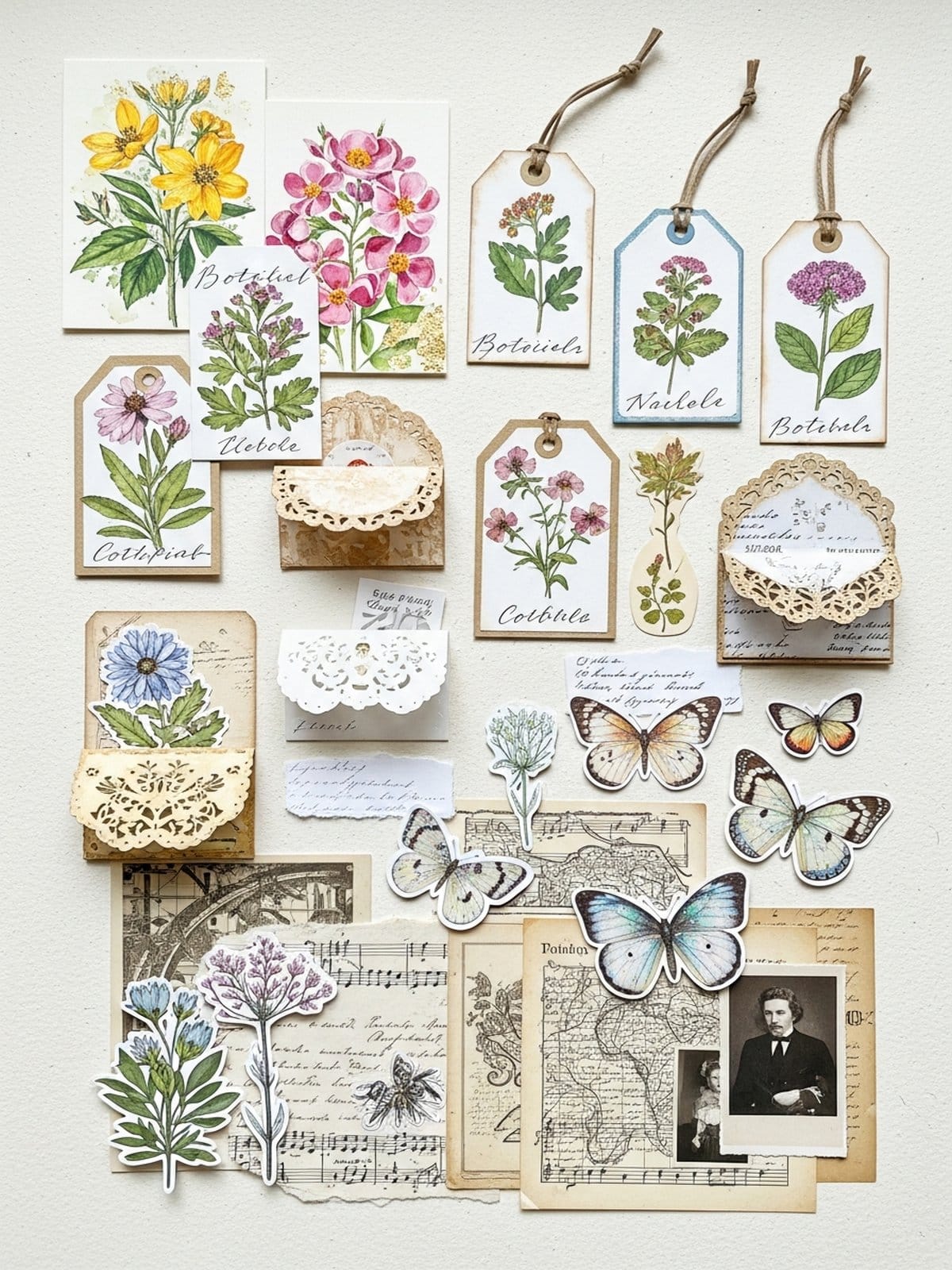 Handmade watercolor ephemera collection with botanical tags and paper pockets