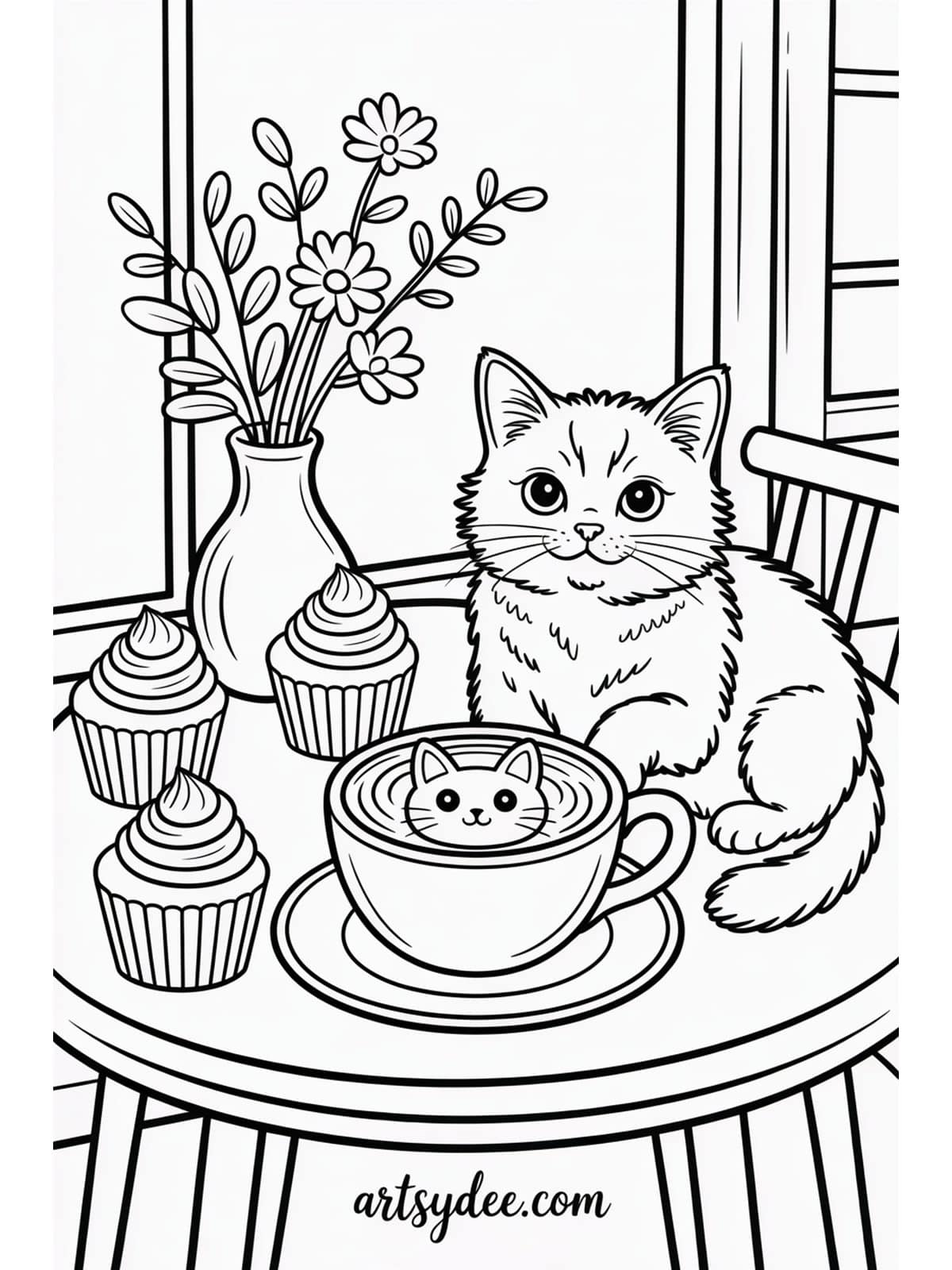 Cat cafe coloring page with kitten and latte art - free printable from artsydee.com