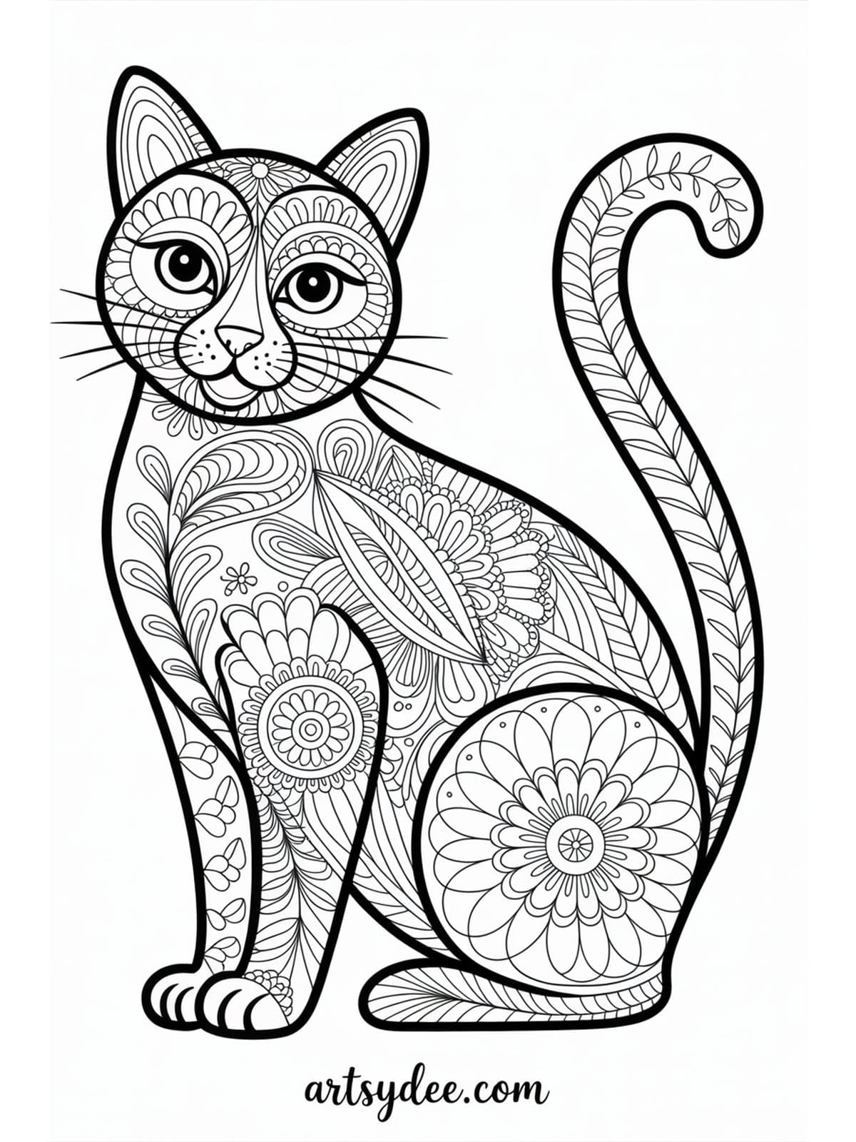 Majestic long-haired cat on cushion coloring page - free printable from artsydee.com