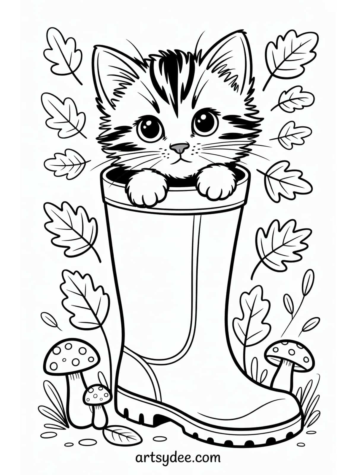 Cat tangled in yarn ball coloring page - free printable from artsydee.com