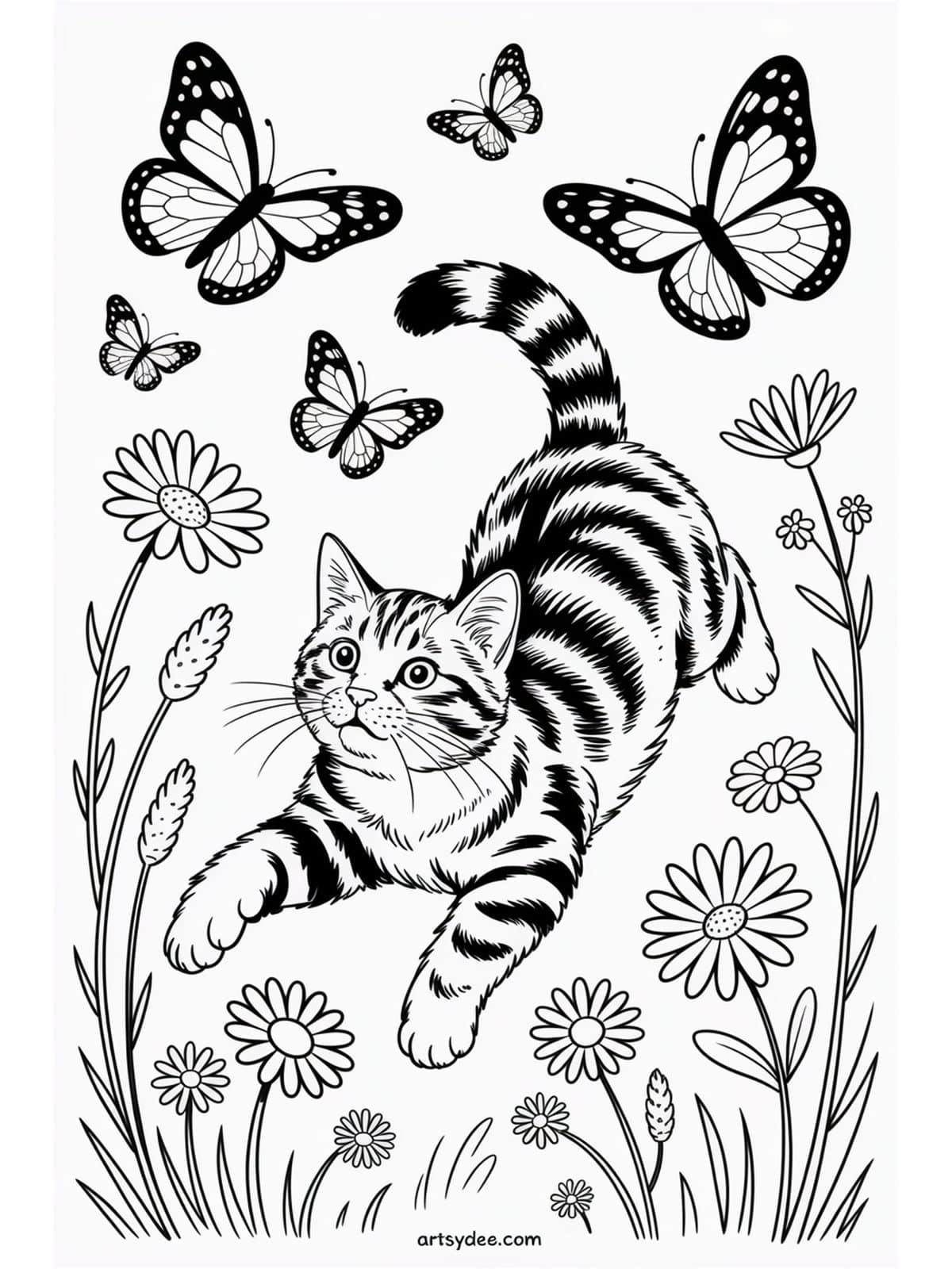 Two kittens playing in garden coloring page - free printable from artsydee.com