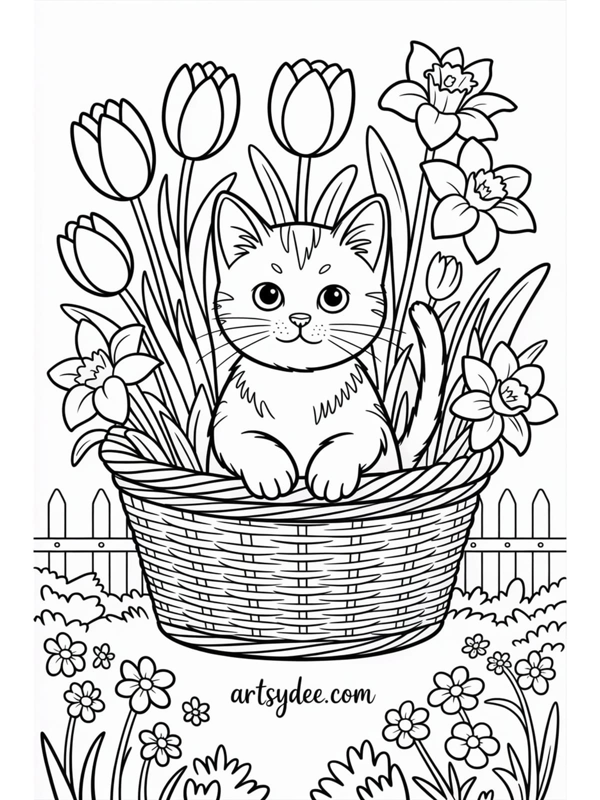 Cat with flower crown coloring page - free printable from artsydee.com